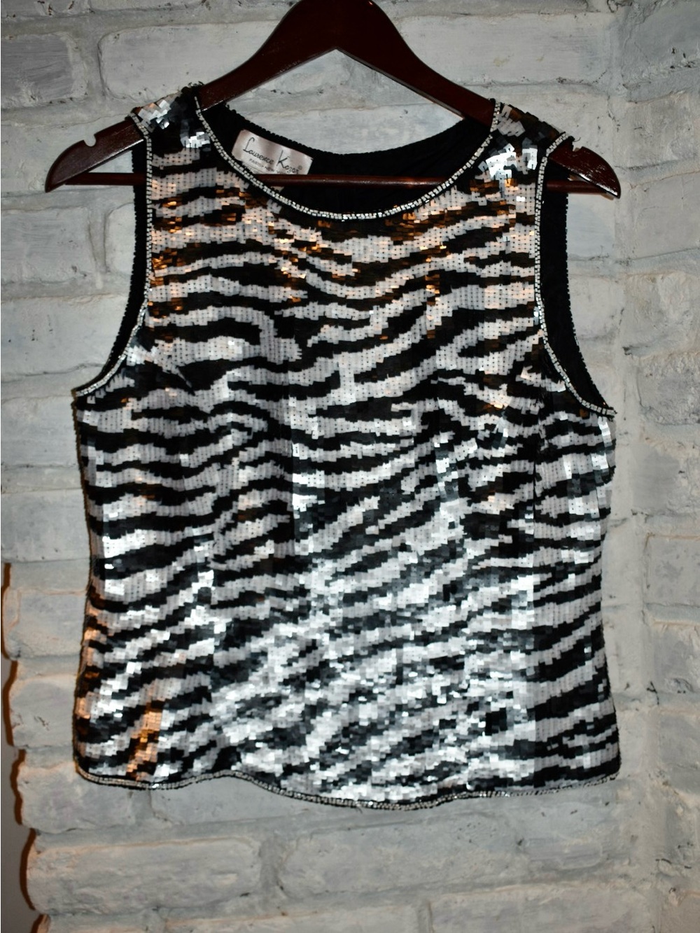 Vintage Laurence Kazar 100% Silk Zebra Sequin Beaded Top
